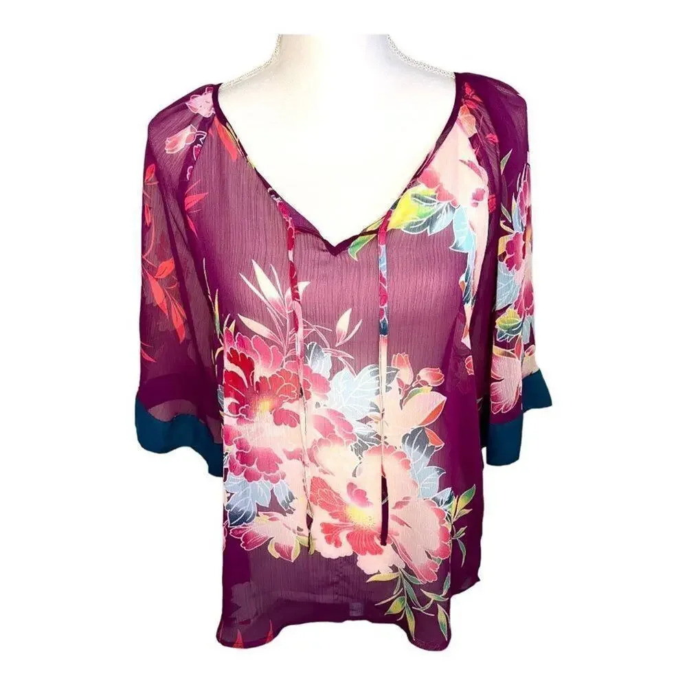 Express Women’s Small Burgundy Floral V-Neck Sheer Blouse With Tie‎ Neck
